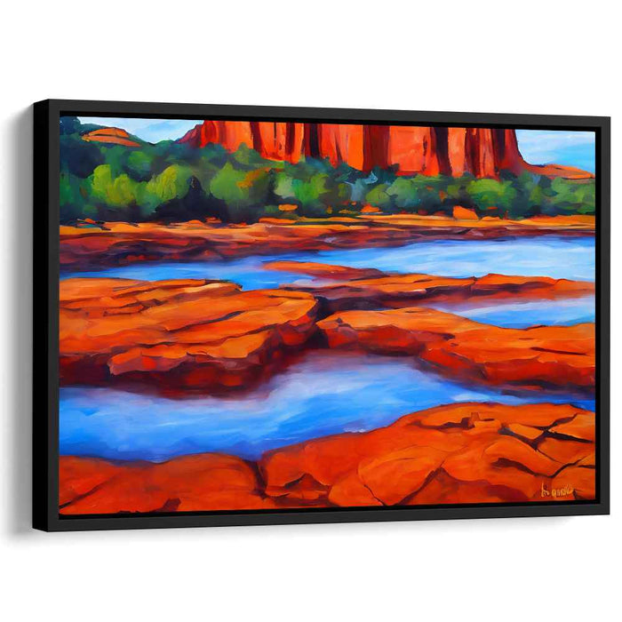Crimson Cliffs and Serene Waters: Vibrant Landscape Canvas Art