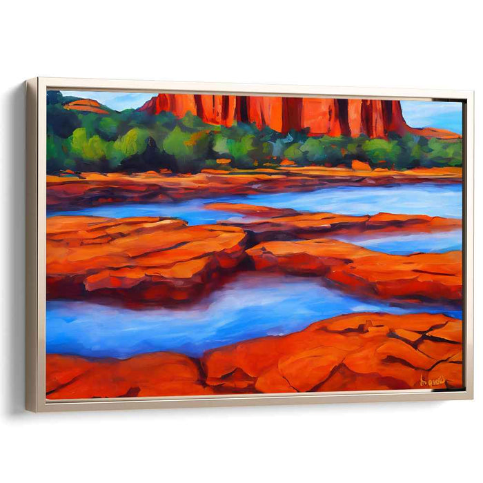 Crimson Cliffs and Serene Waters: Vibrant Landscape Canvas Art