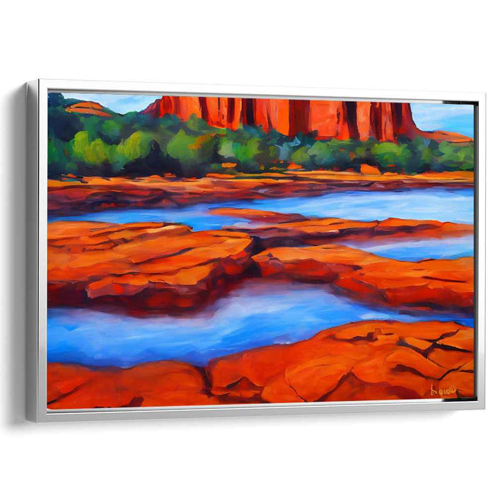 Crimson Cliffs and Serene Waters: Vibrant Landscape Canvas Art