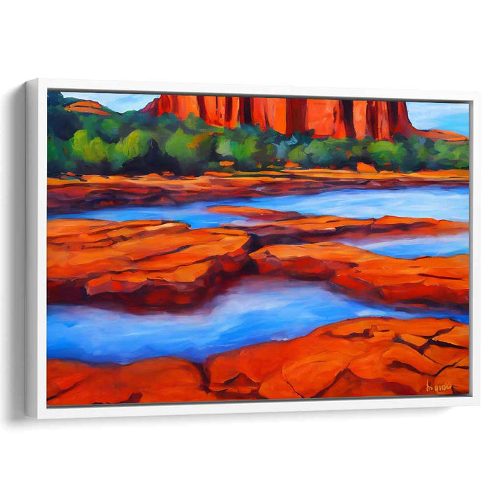 Crimson Cliffs and Serene Waters: Vibrant Landscape Canvas Art