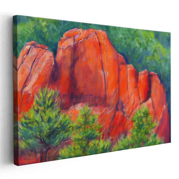 Crimson Cliffs Amidst Verdant Splendor: Vibrant Landscape Canvas Art