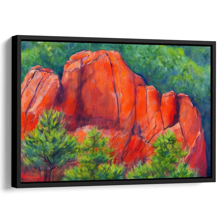 Crimson Cliffs Amidst Verdant Splendor: Vibrant Landscape Canvas Art