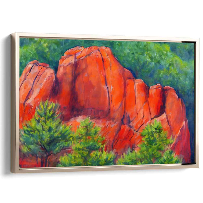 Crimson Cliffs Amidst Verdant Splendor: Vibrant Landscape Canvas Art