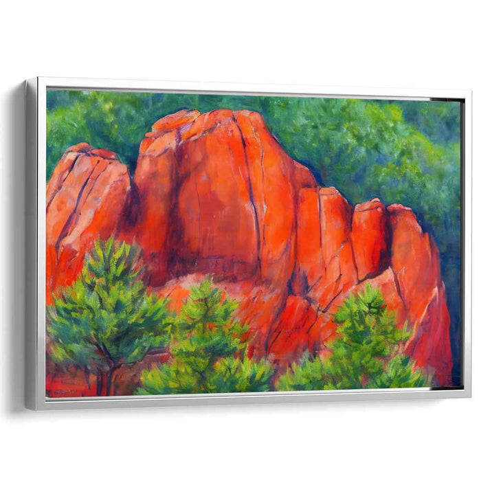 Crimson Cliffs Amidst Verdant Splendor: Vibrant Landscape Canvas Art