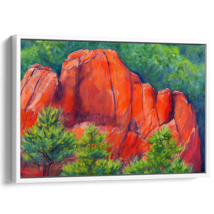 Crimson Cliffs Amidst Verdant Splendor: Vibrant Landscape Canvas Art