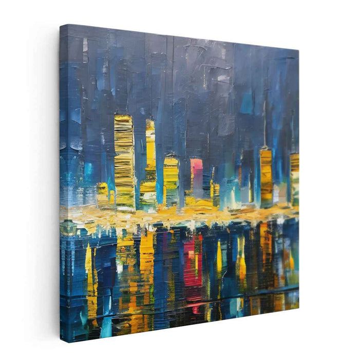 Illuminated Skyline: Vibrant Cityscape Reflections on Canvas