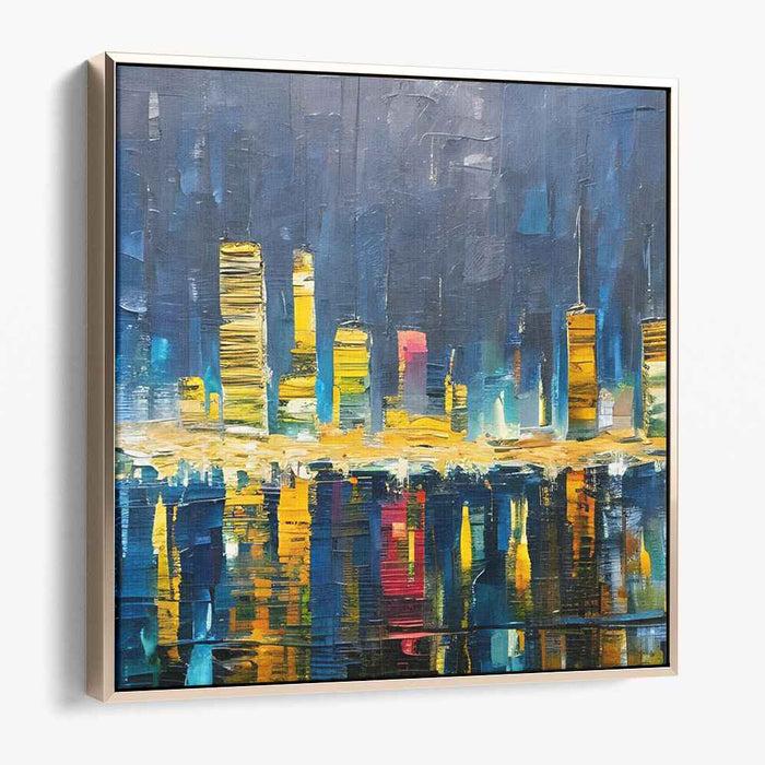 Illuminated Skyline: Vibrant Cityscape Reflections on Canvas