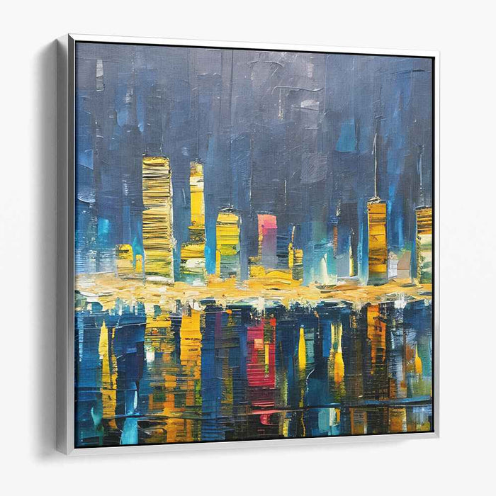 Illuminated Skyline: Vibrant Cityscape Reflections on Canvas