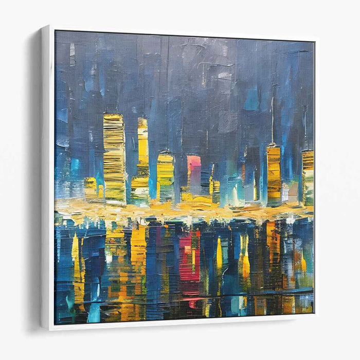 Illuminated Skyline: Vibrant Cityscape Reflections on Canvas
