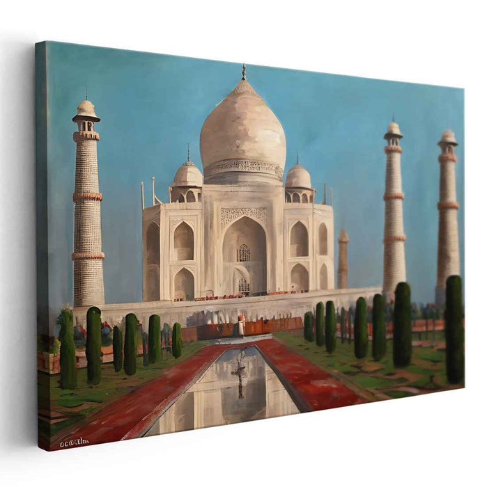 Architectural Splendor Awakening: Realistic Taj Mahal at Dawn Canvas Art Print