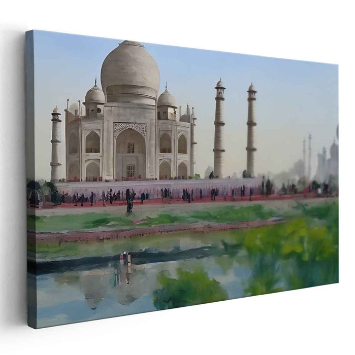 Sapphire Serenity Mirage: Watercolor Taj Mahal Landscape Canvas Art Print