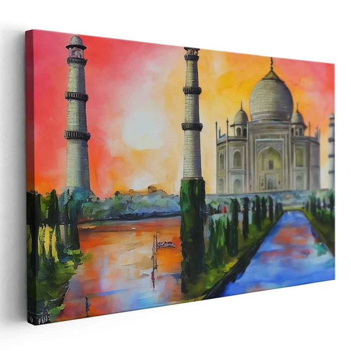 Vibrant Taj Mahal Dreamscape: Expressionist Taj Mahal in Fiery Sunset Canvas Art