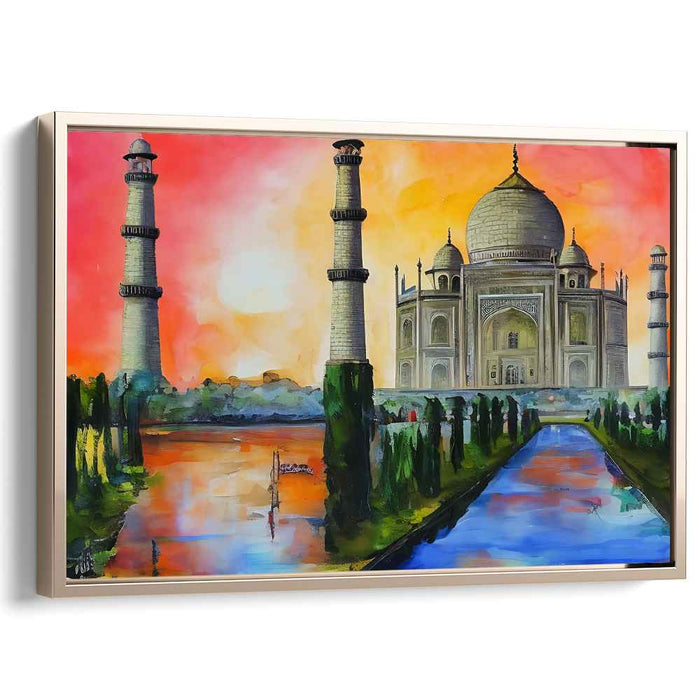Vibrant Taj Mahal Dreamscape: Expressionist Taj Mahal in Fiery Sunset Canvas Art