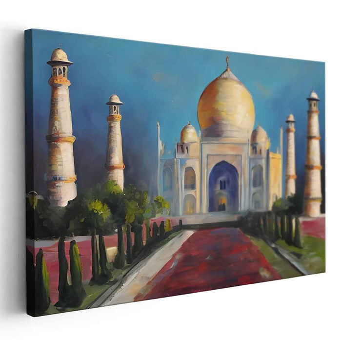 Colorful Hues Whispering History: Impressionist Taj Mahal at Sunset Canvas Art