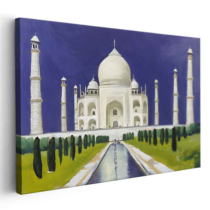 Ethereal Garden Mirage: Majestic Taj Mahal in Lush Landscape Canvas Art