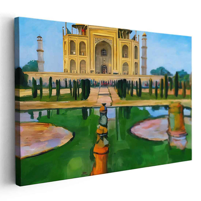 Majestic Mughal Illumination: The Taj Mahal in Golden Splendor Canvas Art Print
