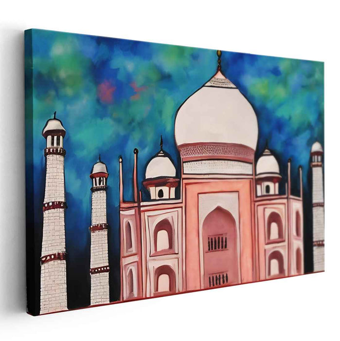 Eternal Monument Majesty: The Taj Mahal in Vibrant Hues Canvas Art Print
