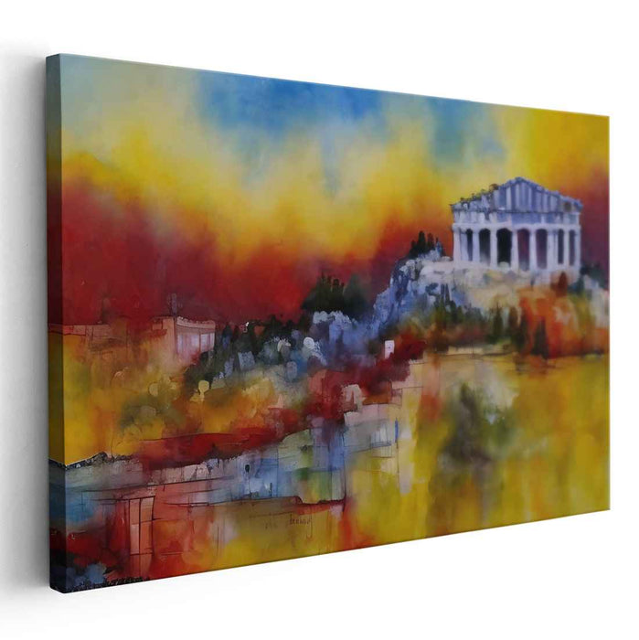 Ethereal Flame Dance Among Ruins: Vibrant Greek Temple on a Fiery Canvas