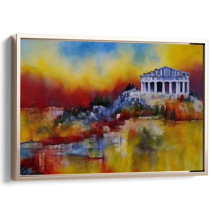 Ethereal Flame Dance Among Ruins: Vibrant Greek Temple on a Fiery Canvas