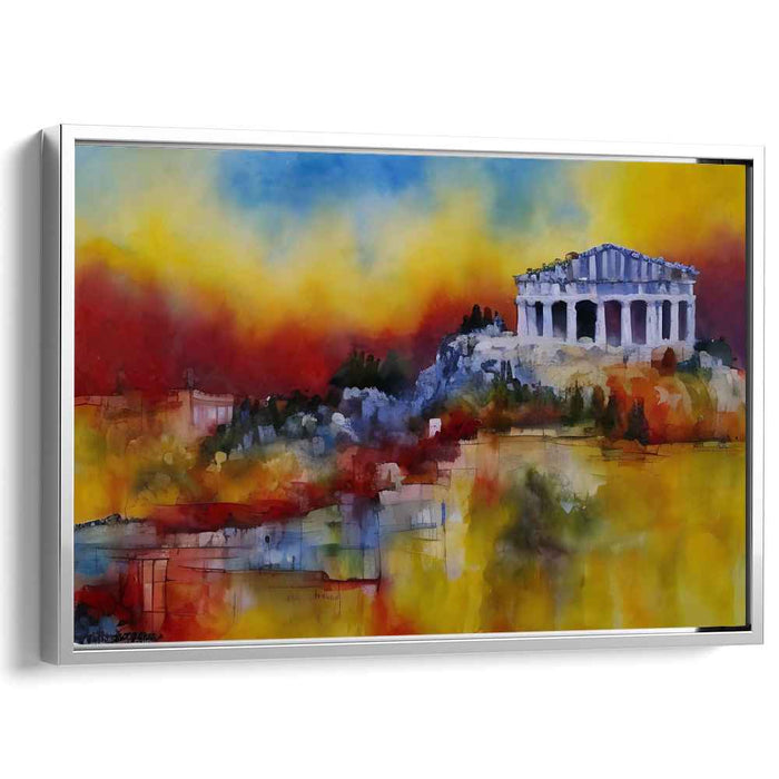 Ethereal Flame Dance Among Ruins: Vibrant Greek Temple on a Fiery Canvas