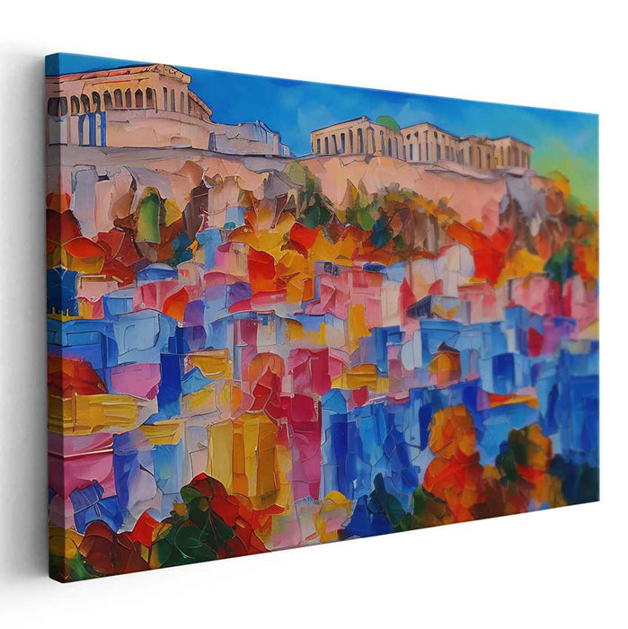 Colorful Athenian Vista: Modern Cubist-Inspired Acropolis Canvas Art