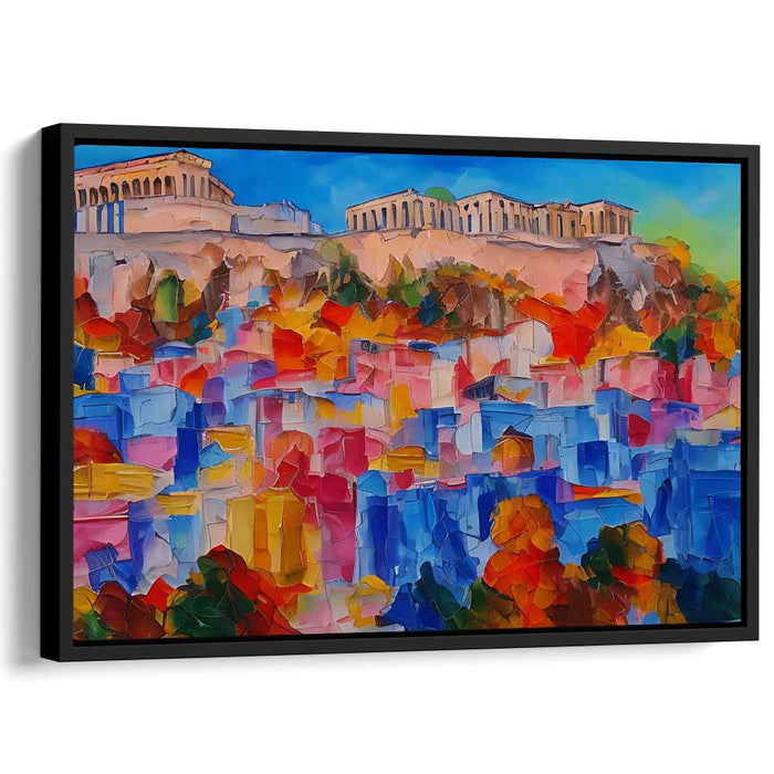 Colorful Athenian Vista: Modern Cubist-Inspired Acropolis Canvas Art