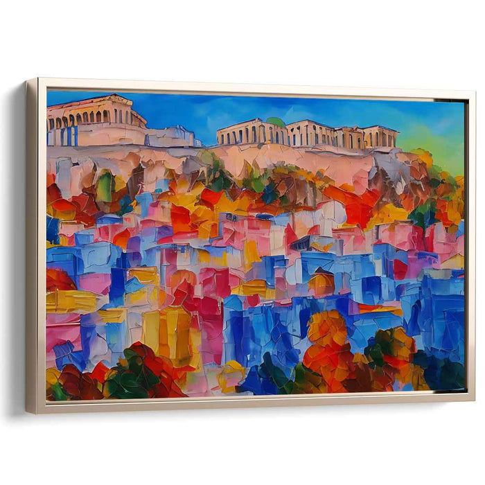 Colorful Athenian Vista: Modern Cubist-Inspired Acropolis Canvas Art