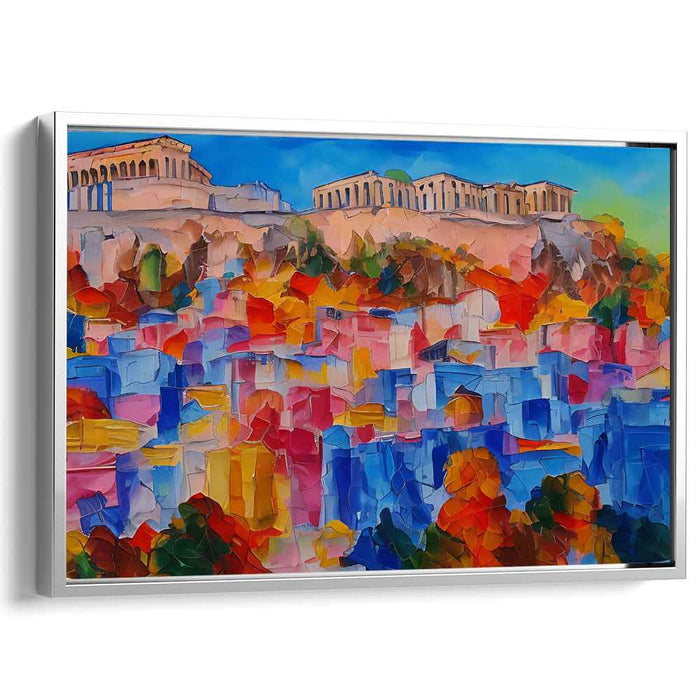 Colorful Athenian Vista: Modern Cubist-Inspired Acropolis Canvas Art