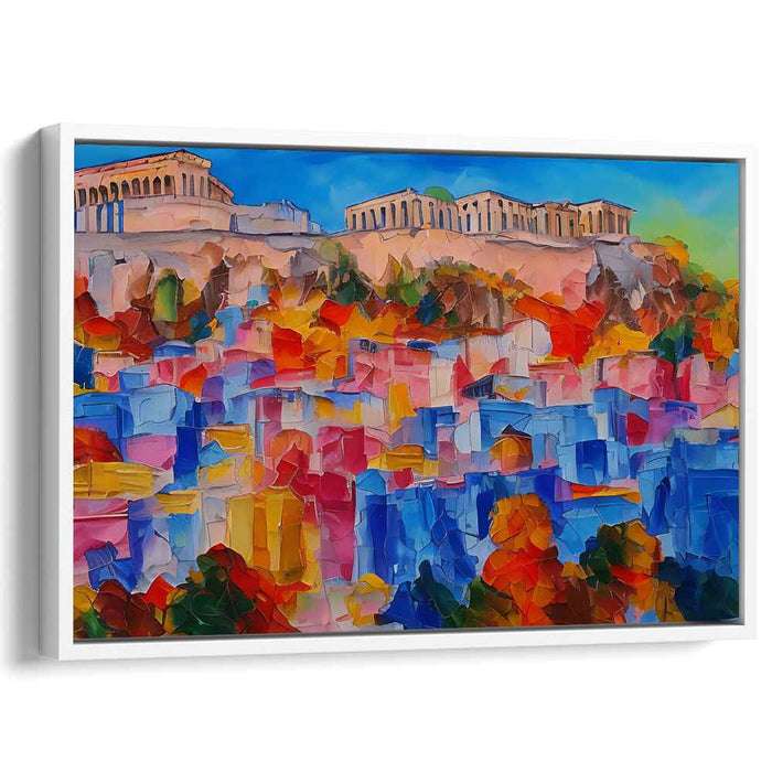Colorful Athenian Vista: Modern Cubist-Inspired Acropolis Canvas Art