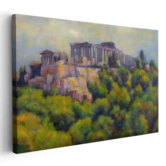 Mythical Terracotta Horizon: Impressionist Greek Temple Landscape Canvas Art