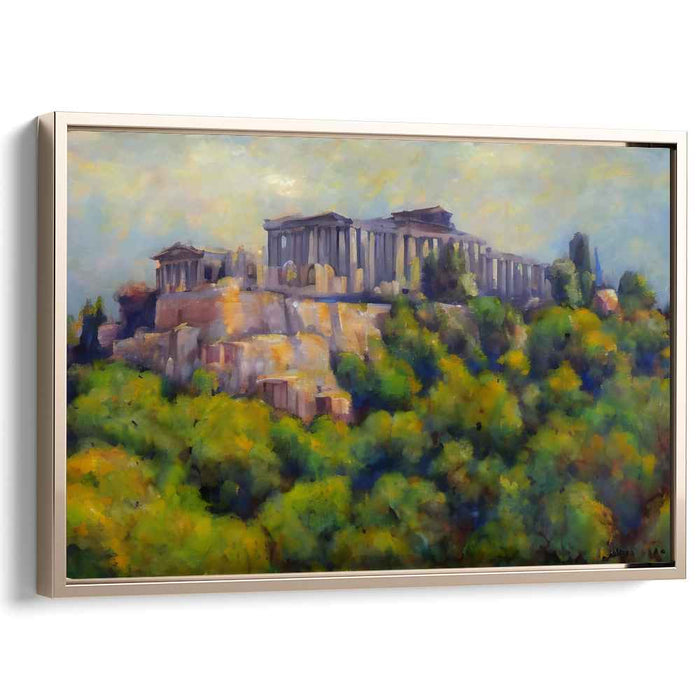 Mythical Terracotta Horizon: Impressionist Greek Temple Landscape Canvas Art