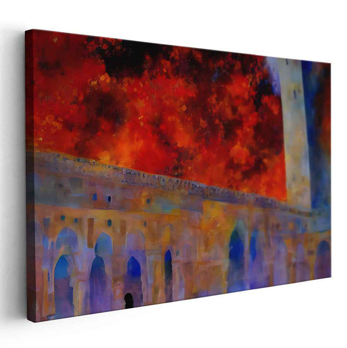 Inferno at the Fortress: Surrealist Architectural Drama Canvas Art Print