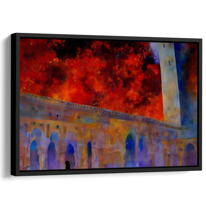 Inferno at the Fortress: Surrealist Architectural Drama Canvas Art Print