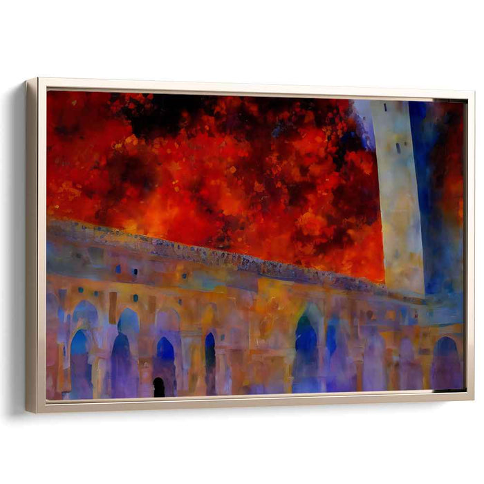 Inferno at the Fortress: Surrealist Architectural Drama Canvas Art Print
