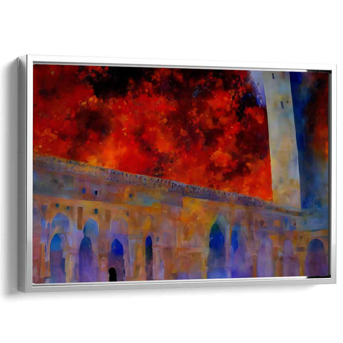 Inferno at the Fortress: Surrealist Architectural Drama Canvas Art Print