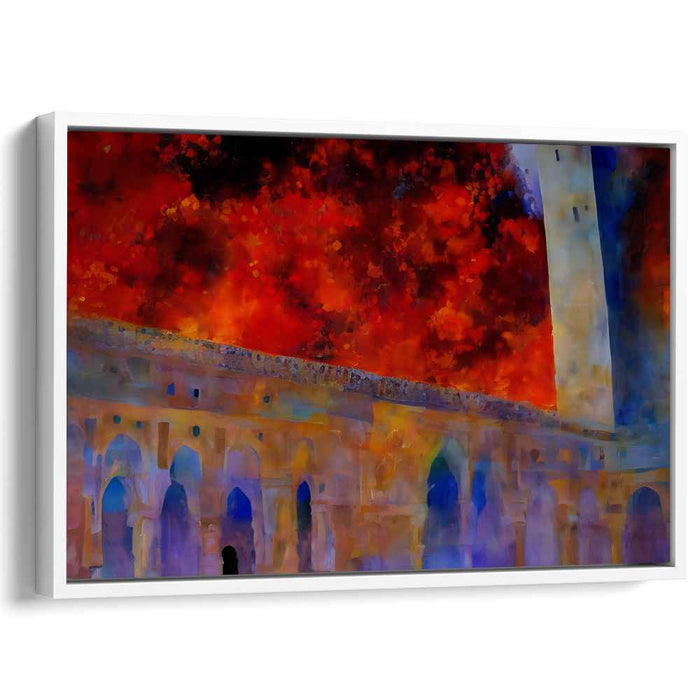 Inferno at the Fortress: Surrealist Architectural Drama Canvas Art Print