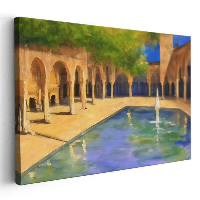 Whispers of the Fountain Courtyard: Majestic Courtyard and Fountain Canvas Art