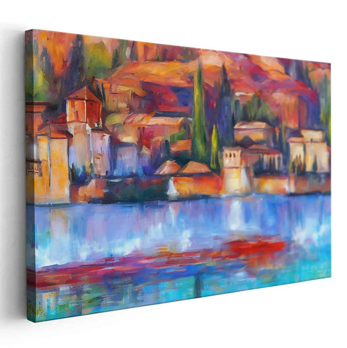 Safe Harbor Solace: Vibrant Lakeside Village Canvas Art Print