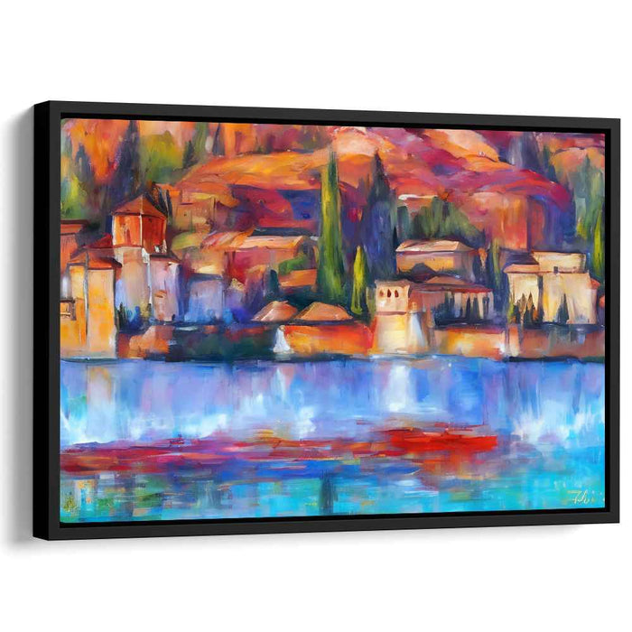 Safe Harbor Solace: Vibrant Lakeside Village Canvas Art Print