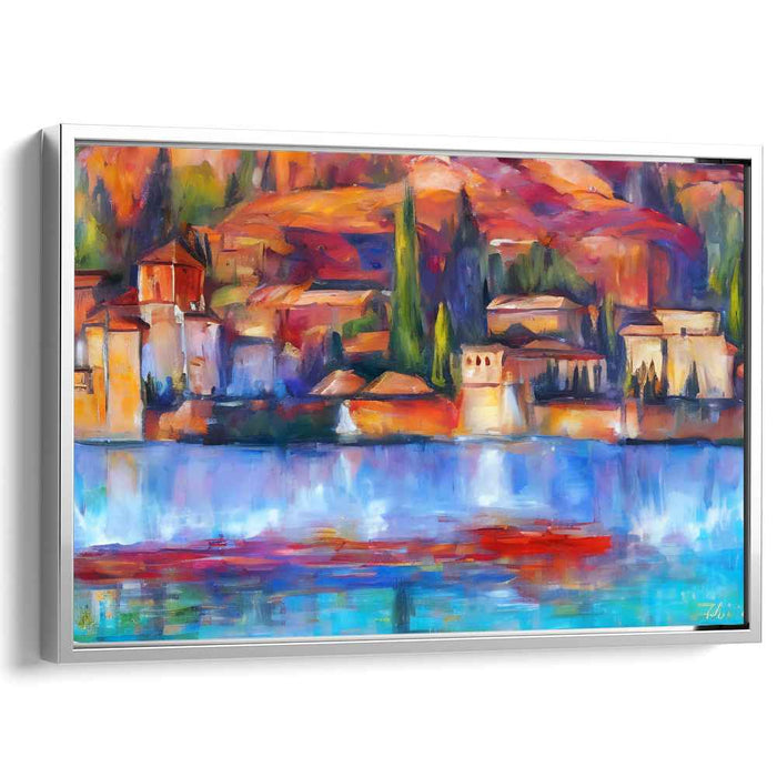 Safe Harbor Solace: Vibrant Lakeside Village Canvas Art Print