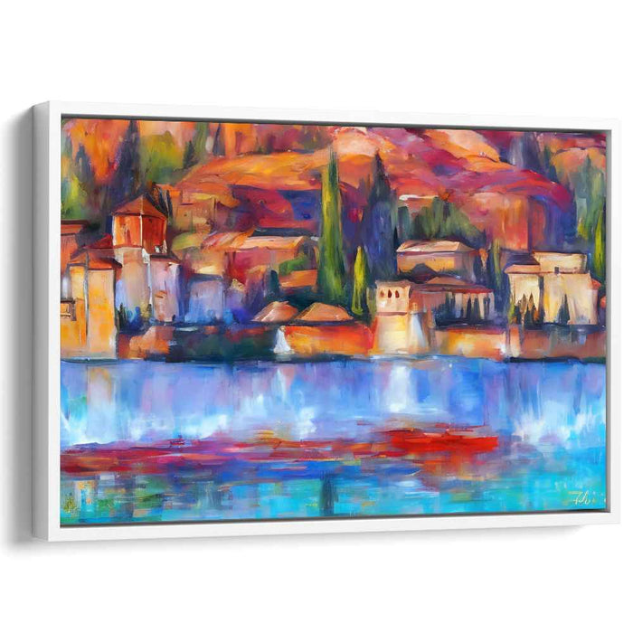 Safe Harbor Solace: Vibrant Lakeside Village Canvas Art Print