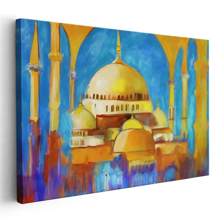 Golden Prism Echoes: Abstract Architectural Splendor in Vibrant Blues and Golds