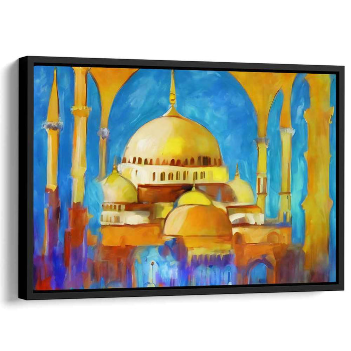 Golden Prism Echoes: Abstract Architectural Splendor in Vibrant Blues and Golds