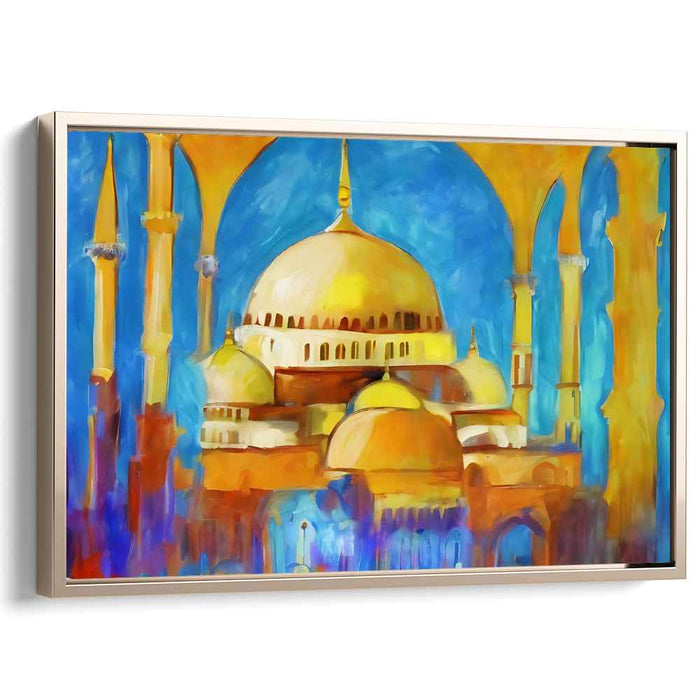 Golden Prism Echoes: Abstract Architectural Splendor in Vibrant Blues and Golds