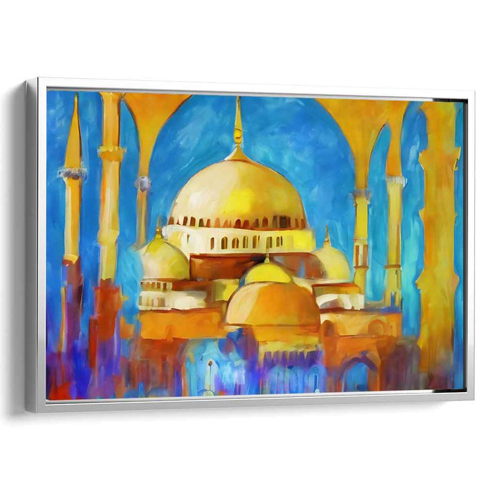 Golden Prism Echoes: Abstract Architectural Splendor in Vibrant Blues and Golds