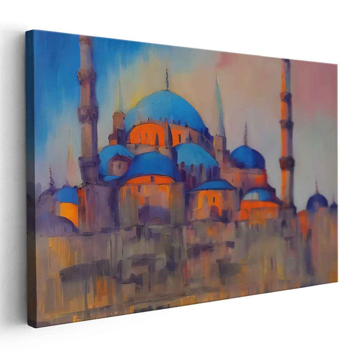 Azure Symmetry Serenade: Impressionist Blue Mosque Canvas Art Print