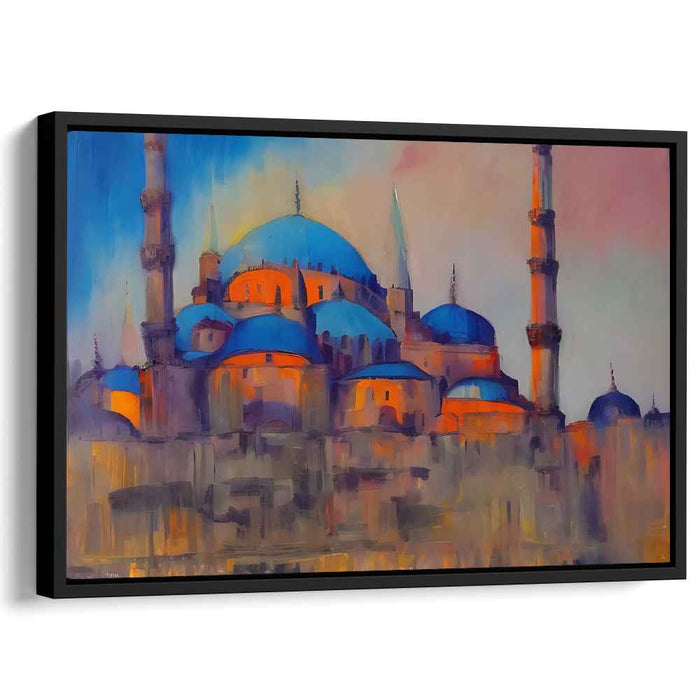 Azure Symmetry Serenade: Impressionist Blue Mosque Canvas Art Print