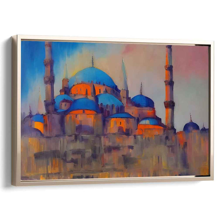 Azure Symmetry Serenade: Impressionist Blue Mosque Canvas Art Print