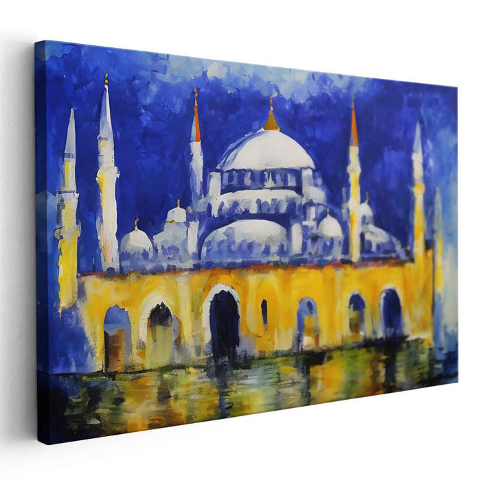 Mystic Reverie of Gilded Hues: Expressionist Blue and Golden Mosque Canvas Art