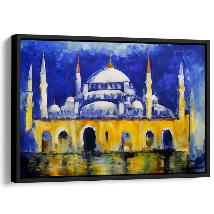 Mystic Reverie of Gilded Hues: Expressionist Blue and Golden Mosque Canvas Art